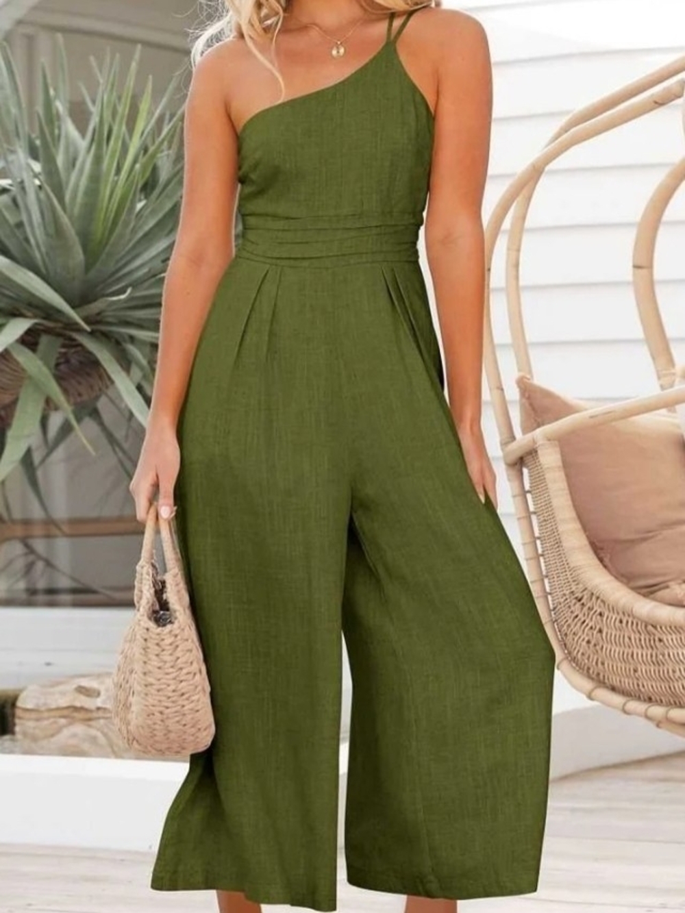 ANRABESS One Shoulder High Waist Wide Leg Linen Jumpsuit